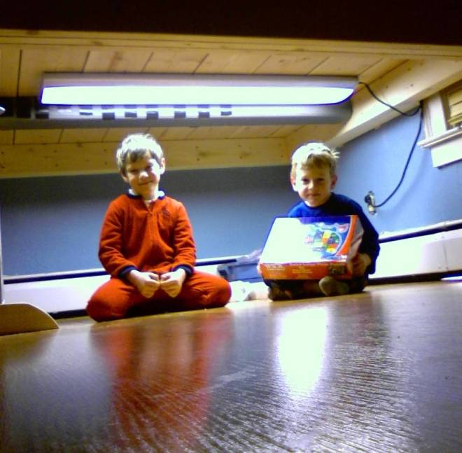 Two happy boys in their new play area, under my office.